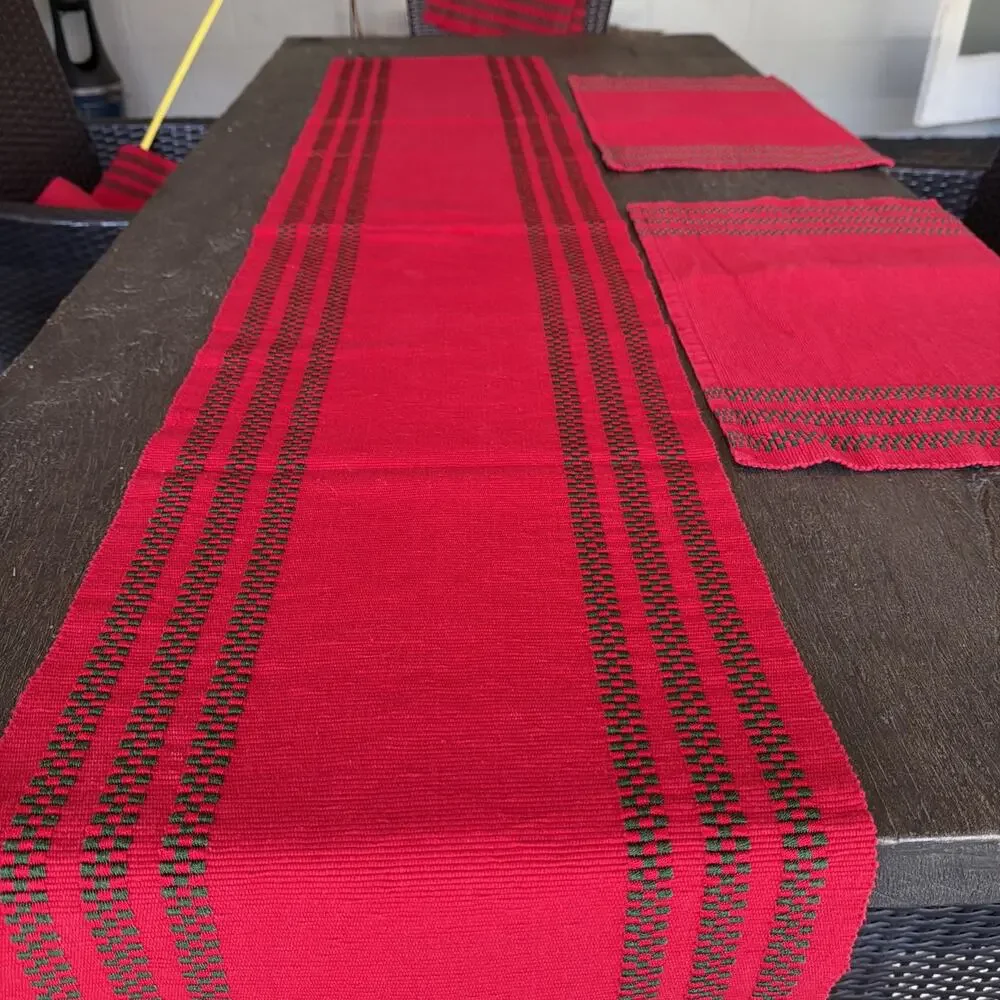 PIER 1 Set Christmas Holiday Red Check Plaid Table Runner 6 Placemats 14